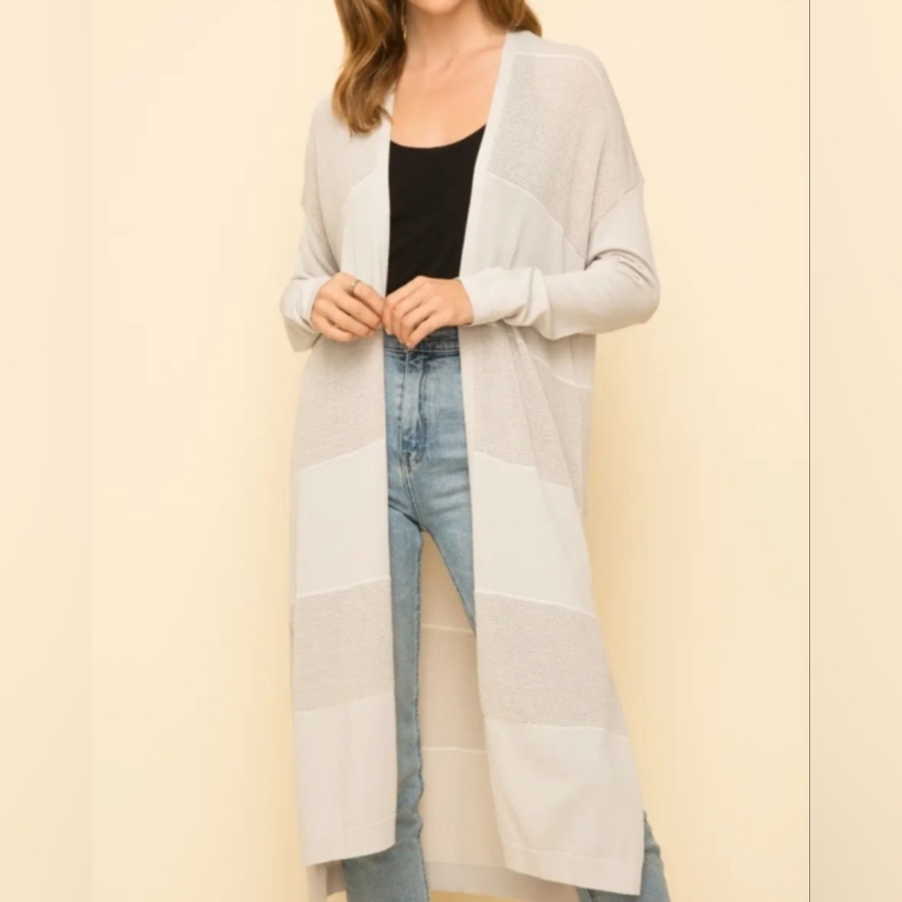 🌟 Gray Open Front Striped Women's Sweater